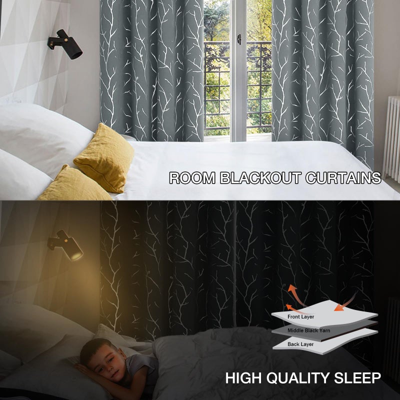 BUHUA Blackout Curtains Silver Foil Print Tree Branches Grommet Drapes  Room Darkening Thermal Insulated Curtains  Noise Reducing Blackout Curtain for Bedroom  Light Grey  52Wx63L  2 Panels - Image 5